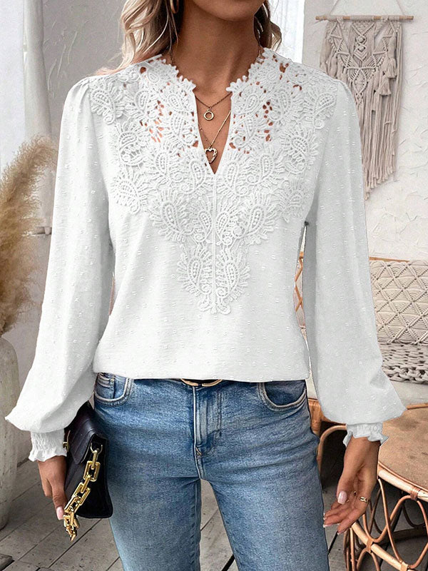 Elasticity Hollow Jacquard Solid Color Split-Joint Loose Puff Sleeves V-Neck Blouses&Shirts Tops