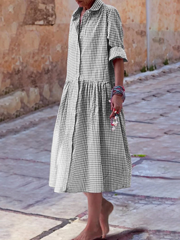 Buttoned Plaid Pleated Pockets Split-Joint Long Sleeves Loose Lapel Midi Dresses