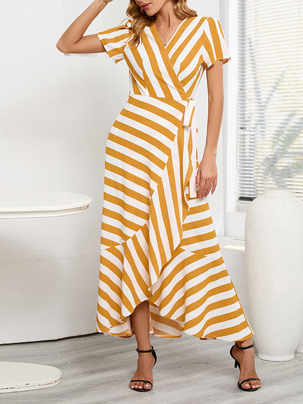 Split-Joint Striped Tied High-Low Loose V-Neck Maxi Dresses