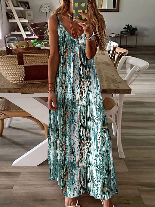 Printed A-line Loose Spaghetti-Neck Maxi Dresses