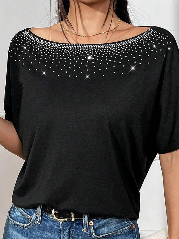 Rhinestone Split-Joint Batwing Sleeves Loose One-Shoulder T-Shirts