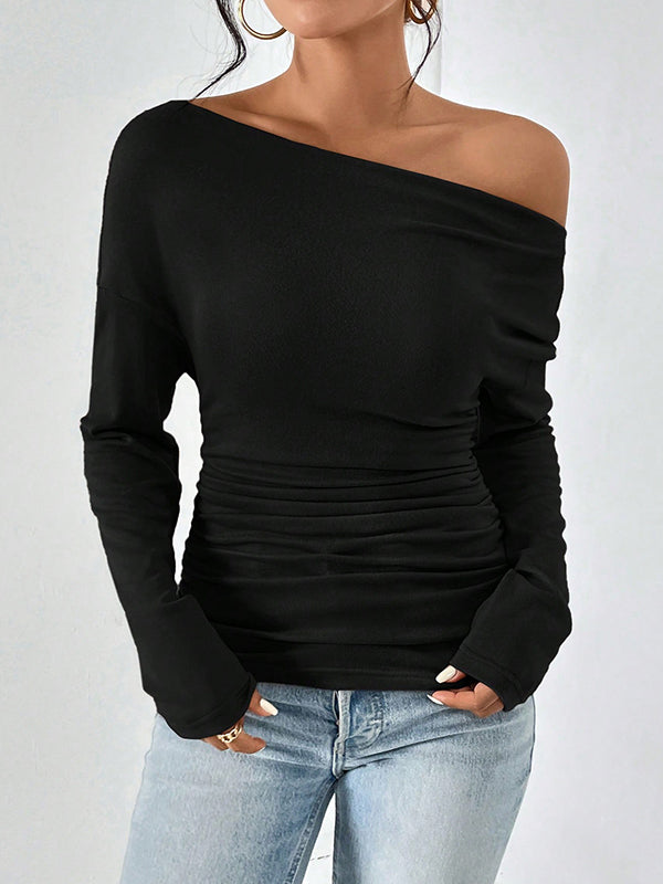 Solid Color Long Sleeves Skinny One-Shoulder T-Shirts Tops