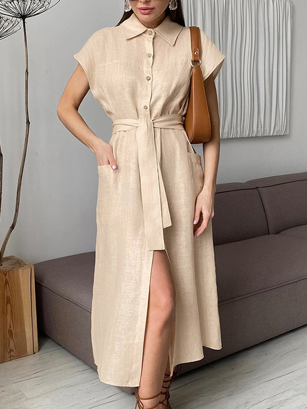 See-Through Split-Joint Tied Waist Loose Raglan Sleeve Lapel Shirt Dress Midi Dresses