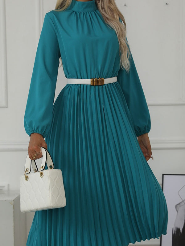 Buttoned Elasticity Hollow No Belt Pleated Pure Color Long Sleeves Roomy High Neck Midi Dresses