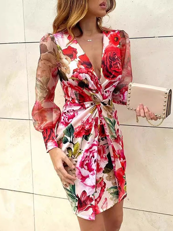 Flower Print Knot Mesh Split-Joint Bodycon Long Sleeves Deep V-Neck Mini Dresses