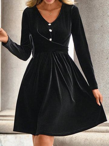 Buttoned Pleated Split-Joint Velvet A-Line Long Sleeves V-Neck Mini Dresses