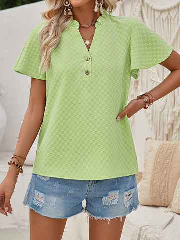 Buttoned Ruffle Trim Split-Joint Flared Sleeves Loose V-Neck Blouses&Shirts Tops