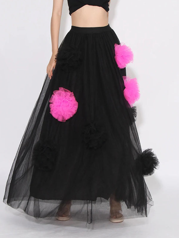 Contrast Color See-Through Split-Joint Three-Dimensional Flower Tulle A-Line Loose Skirts Bottoms