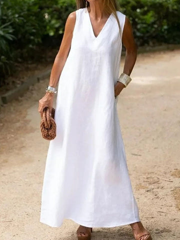 Pockets Solid Color Loose Sleeveless V-Neck Maxi Dresses