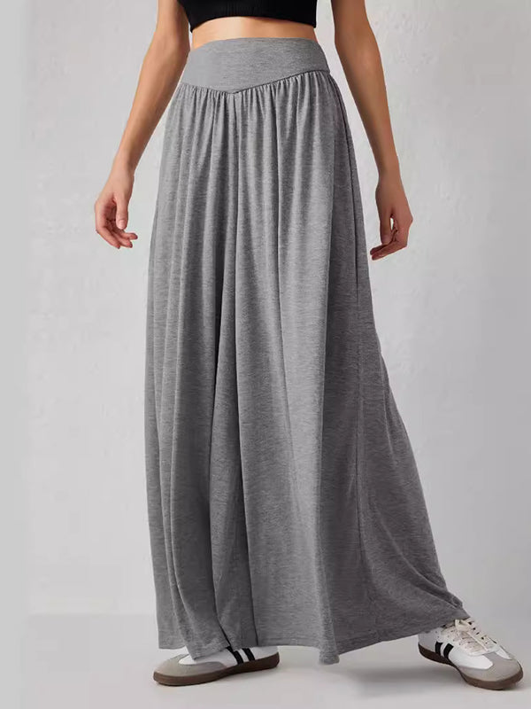 Pleated Pockets Solid Color Split-Joint High Waisted Loose Trousers Pants