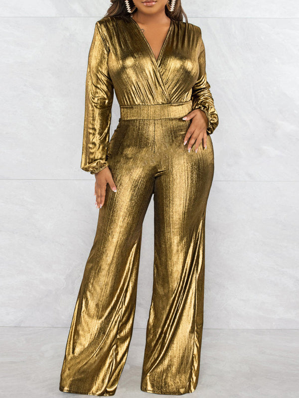 Elasticity Shiny Solid Color Bodycon High Waisted V-Neck Jumpsuits