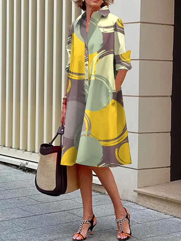 Buttoned Pockets Printed A-Line Long Sleeves Lapel Midi Dresses