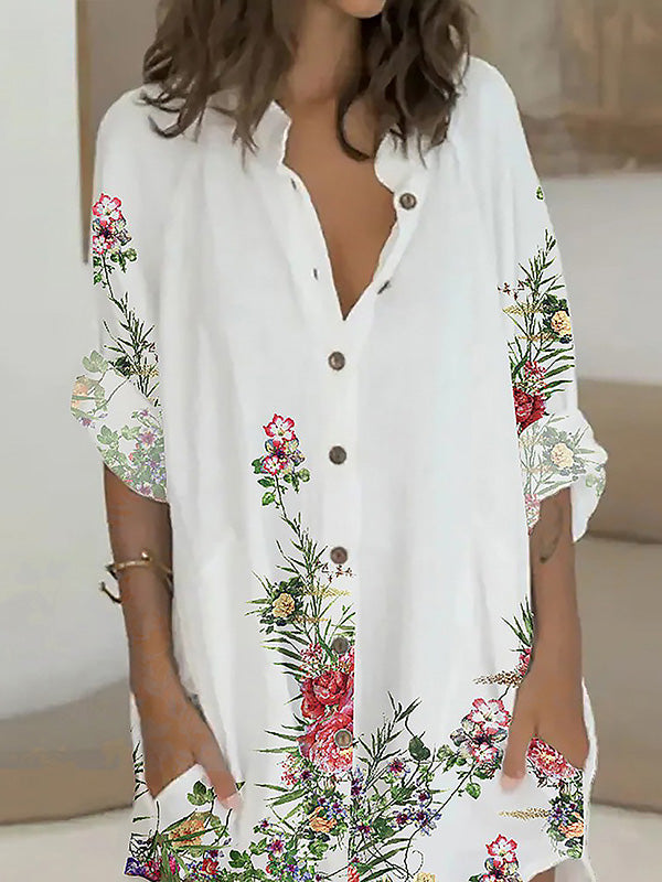 Buttoned Flower Print Long Sleeves Loose Lapel Shirt Dress Mini Dresses