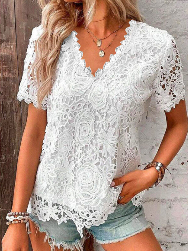 Embroidered Hollow Solid Color Split-Joint Loose Plus Size V-Neck T-Shirts Tops