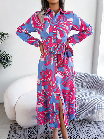 Patterned Split-Joint Tied Waist Long Sleeves Relaxed Fit Lapel Shirt Dress