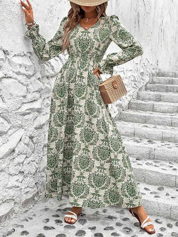 Elasticity Printed Split-Joint Loose Puff Sleeves V-Neck Maxi Dresses