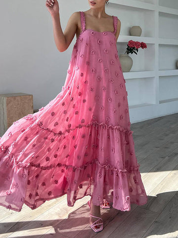 Layered Pleated Split-Joint Three-Dimensional Flower A-Line High Waisted Spaghetti-Neck Maxi Dresses