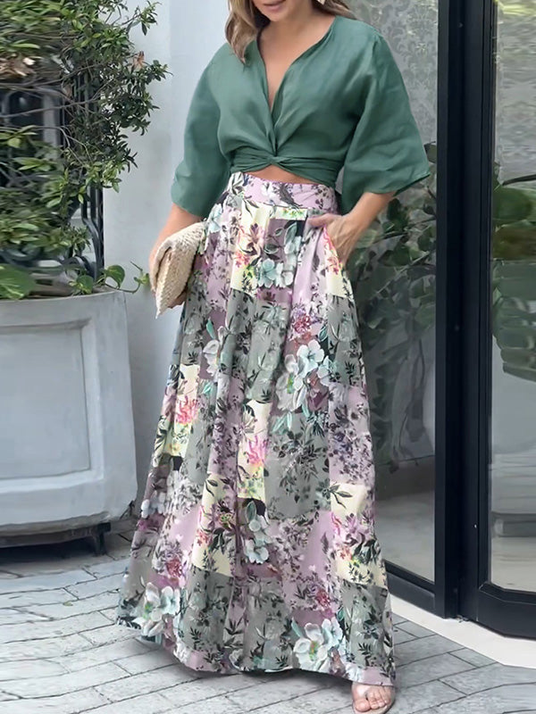 Wide Leg Bandage Bowknot Floral Printed Pockets Shirts Tops&Pants Suits