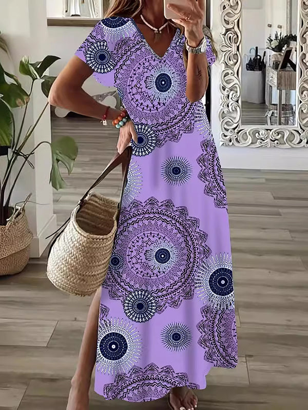 Printed Split-Side A-Line Loose V-Neck Maxi Dresses