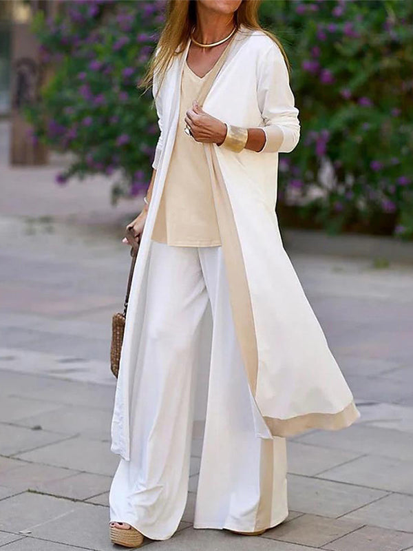 Loose Contrast Color Long Sleeves Outer Wear + V-Neck Inner Vest + Pants Bottom Three Pieces Set