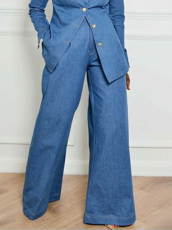 Pockets Solid Color High Waisted Loose Lapel Jean Pants Bottoms