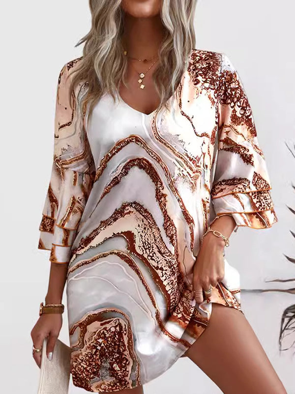 Layered Printed Split-Joint A-Line Flared Sleeves V-Neck Mini Dresses