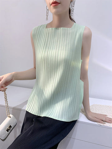 Pleated Solid Color Split-Joint Loose Sleeveless Square-Neck Vest Top