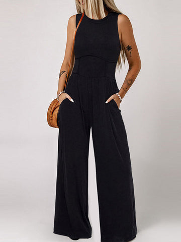 Pockets Pure Color High Waisted Roomy Round-Neck Jumpsuits