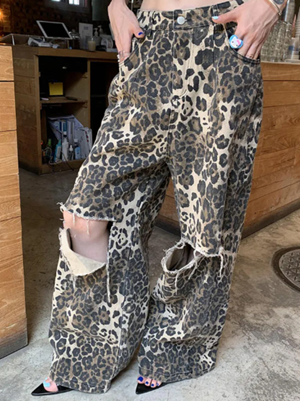 Leopard Printed Ripped Split-Joint High Waisted Loose Jean Pants Bottoms