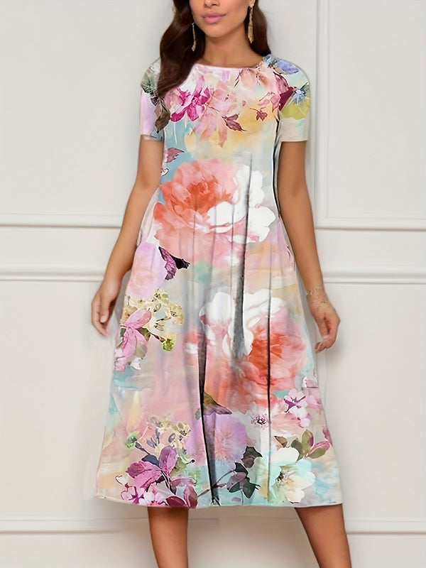 Flower Print Pockets A-Line Loose Round-Neck Midi Dresses