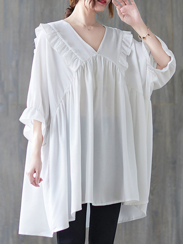 Ruffled Solid Color Loose Ruffle Sleeves Peter Pan Collar Blouses&Shirts Tops