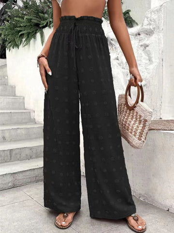 Drawstring Elasticity Jacquard Solid Color High Waisted Loose Trousers Pants