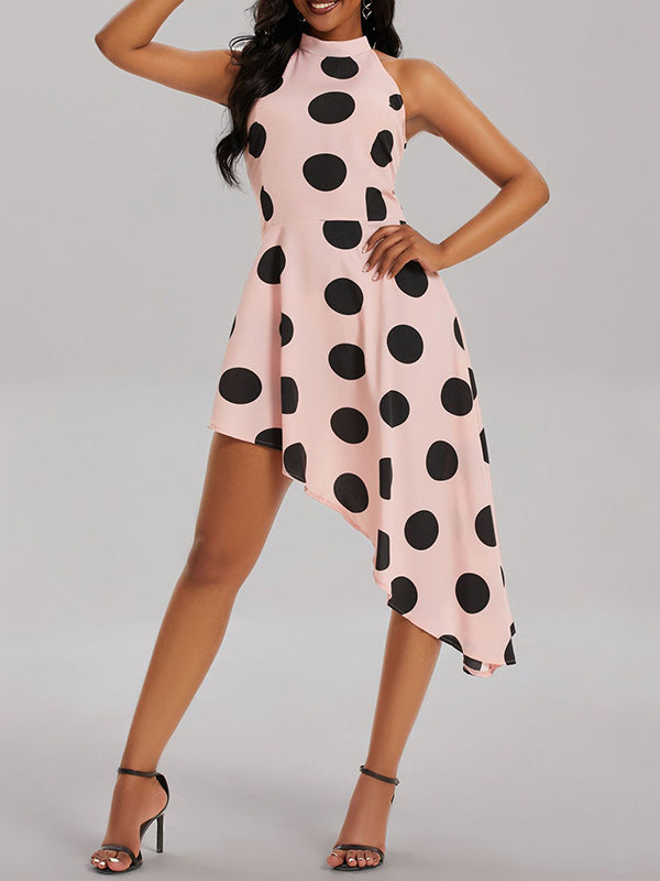 Asymmetric Polka-Dot Loose Sleeveless Halter-Neck Midi Dresses