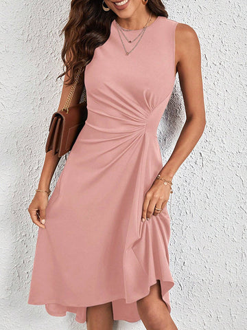 Asymmetric Pleated Solid Color Split-Joint A-Line High Waisted Round-Neck Midi Dresses