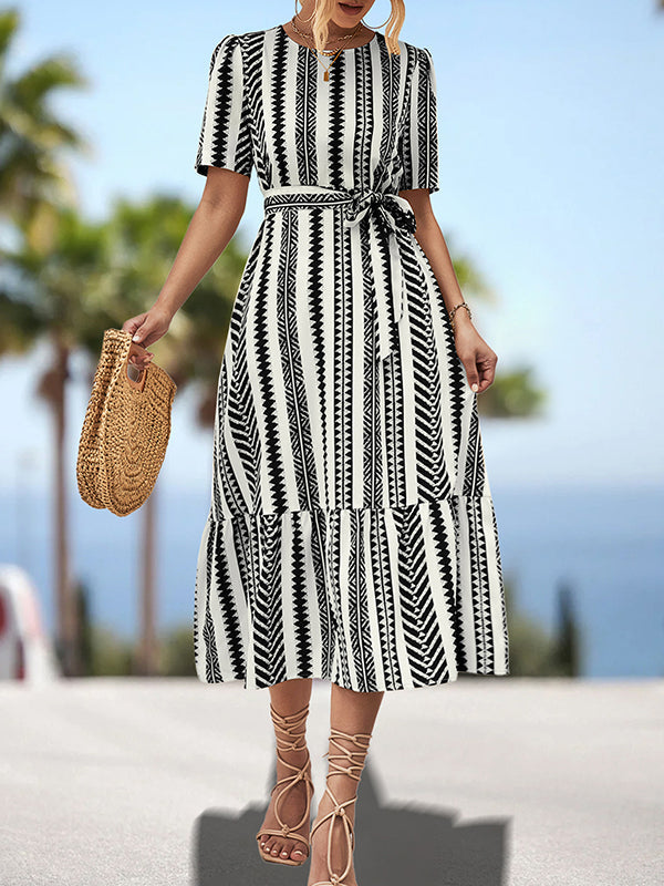 Split-Joint Striped Tied Waist A-Line Loose Round-Neck Midi Dresses