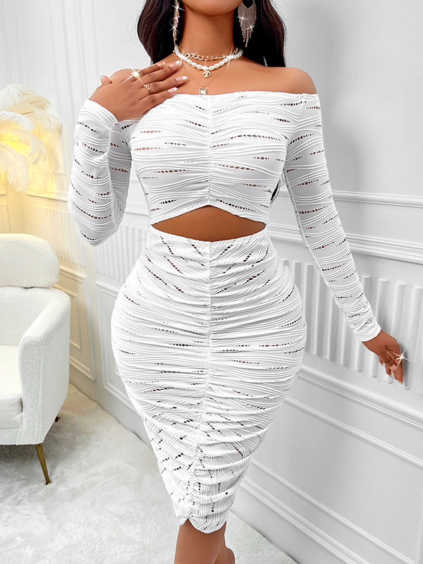 Hollow Pleated Split-Joint Bodycon Long Sleeves Off-The-Shoulder Midi Dresses