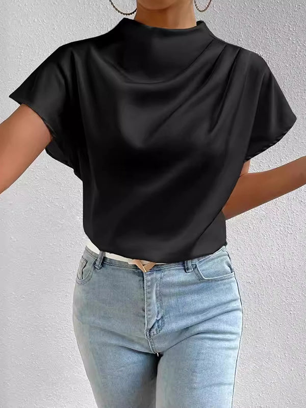 Pleated Solid Color Loose Short Sleeves Mock Neck T-Shirts Tops