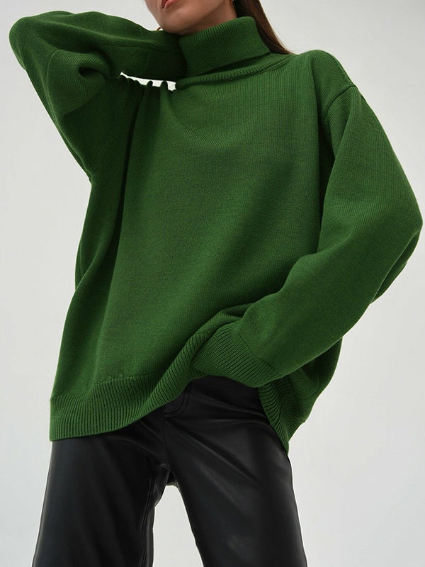 Solid Color Split-Joint High-Low Long Sleeves High Neck Sweater Tops