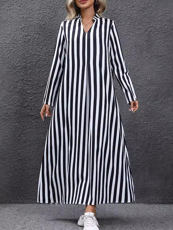 Contrast Color Pleated Striped A-Line Long Sleeves V-Neck Maxi Dresses