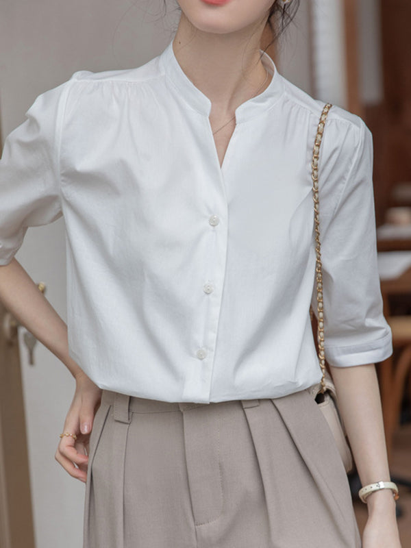 Buttoned Pleated Solid Color Split-Joint Half Sleeves Loose Stand Collar Blouses&Shirts Tops