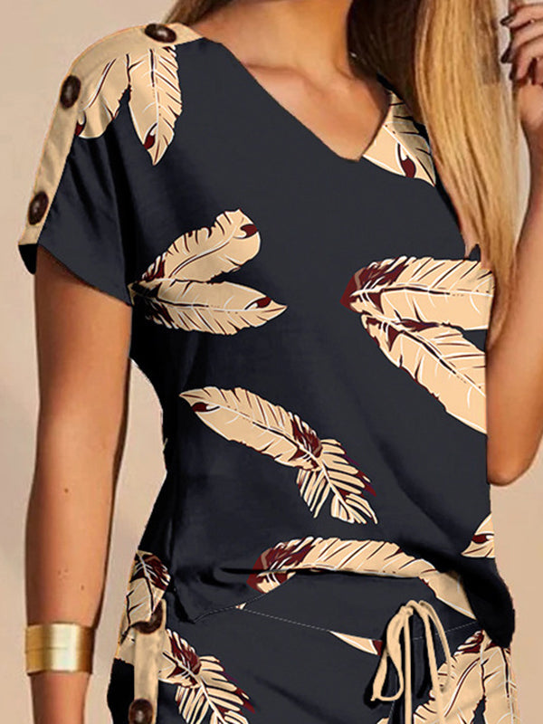 Leaves Print Split-Joint Loose Short Sleeves Buttoned Drawstring Split-Side V-Neck T-shirt Top + Shorts Bottom Two Pieces Set