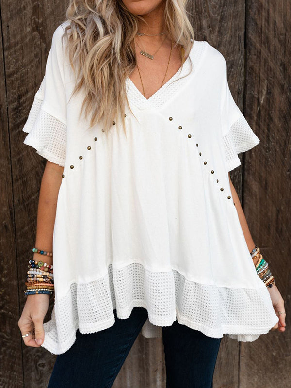 Buttoned Split-Joint Batwing Sleeves High-Low V-Neck T-Shirts Tops