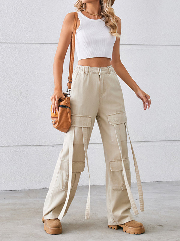 High-Waisted Pockets Split-Joint Streamer Loose Straight Leg Jean Pants Bottoms