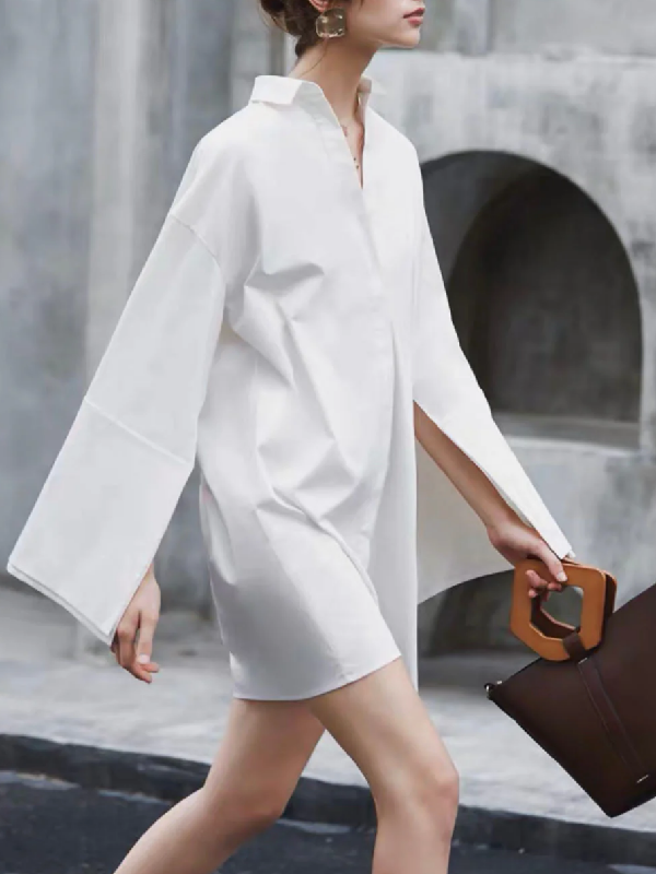 Buttoned Pure Color Long Sleeves Roomy Lapel Shirt Dress Mini Dresses