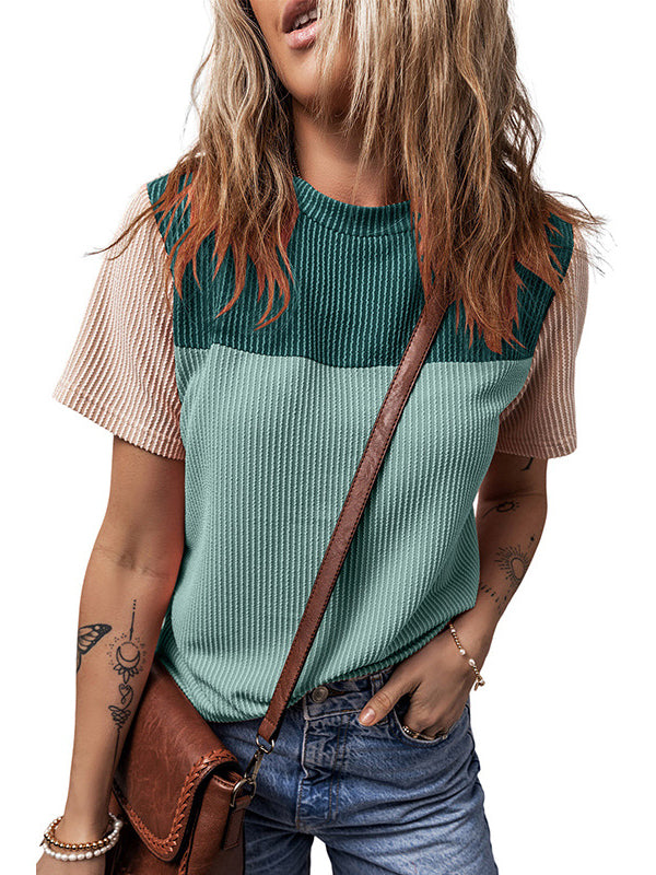 Contrast Color Split-Joint Loose Short Sleeves Round-Neck T-Shirts Tops