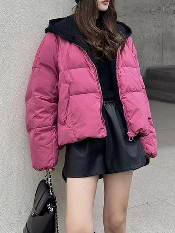 Long Sleeves Loose Detachable Quilted Zipper Hooded Down Coat