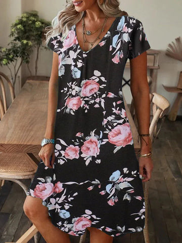 Flower Print Printed Loose Short Sleeves V-neck Mini Dresses