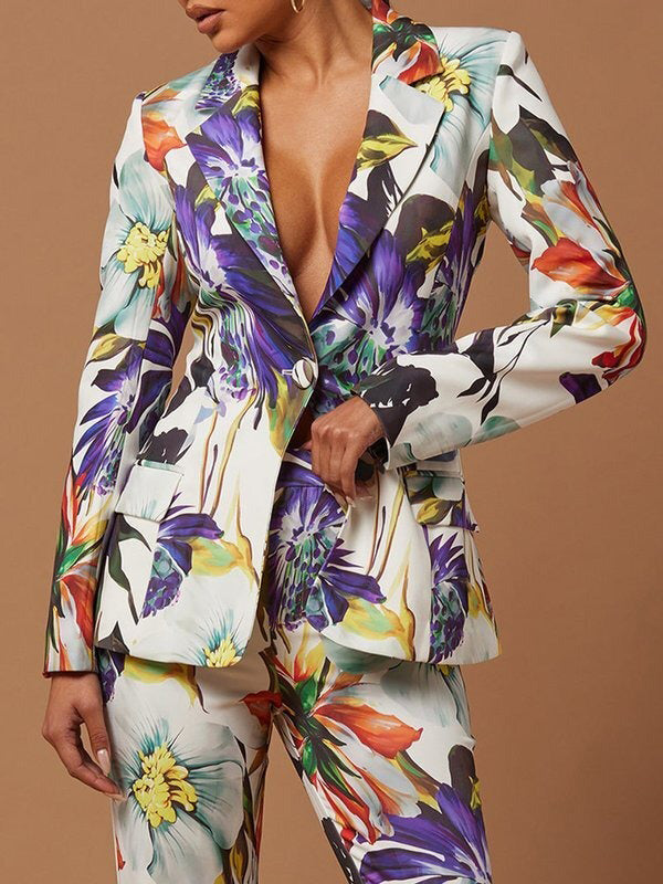 Floral Printed Split-Joint Long Sleeves Lapel Suit Outerwear Blazer