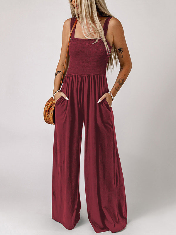 Pleated Plain Sleeveless Wide Leg Square-Neck Jumpsuits