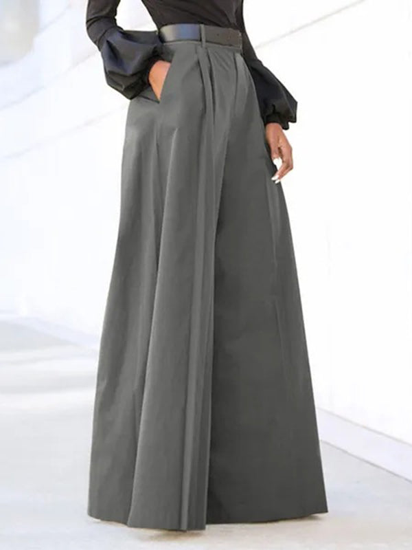 Pleated Solid Color Split-Joint High Waisted Loose Trousers Pants